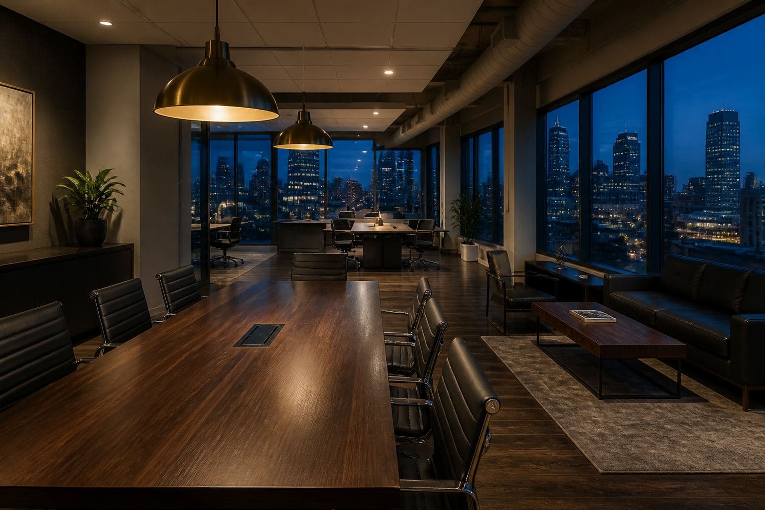 A modern office interior overlooking a city at dusk
